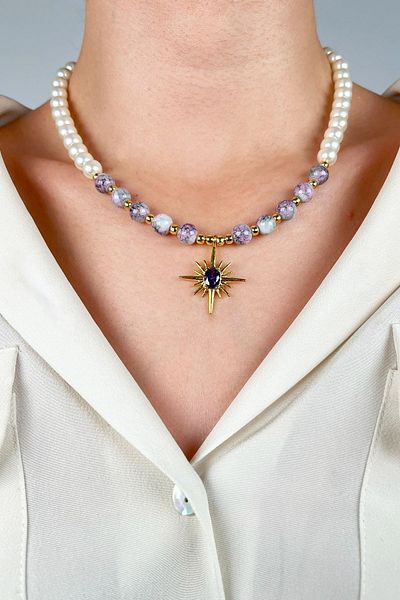 Sose Moda Pearl and Bead Necklace with Polar Star End - Lilac