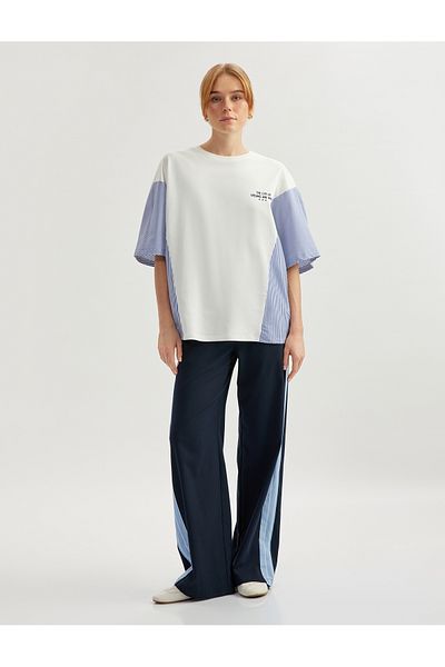 Koton Two Different Fabric Detail Back Printed Cotton Crew Neck Short Sleeve Stripe T-Shirt