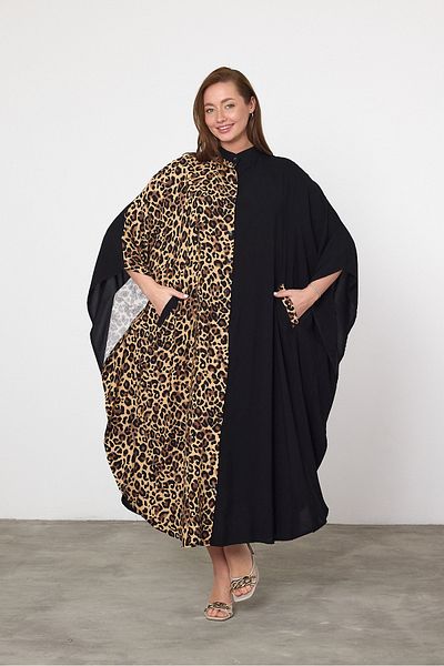 Denismoda Rochie cămașă autentică de mărime mare leopard, cu buzunare, cu guler dominator, cu închidere cu nasturi