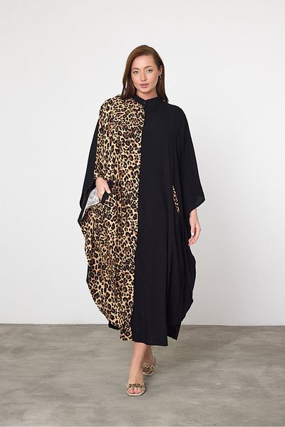 Denismoda Rochie cămașă autentică de mărime mare leopard, cu buzunare, cu guler dominator, cu închidere cu nasturi