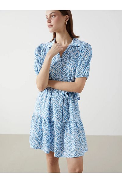 LC Waikiki Lcw Comfort Indigo Shirt Collar Print Women's Dress