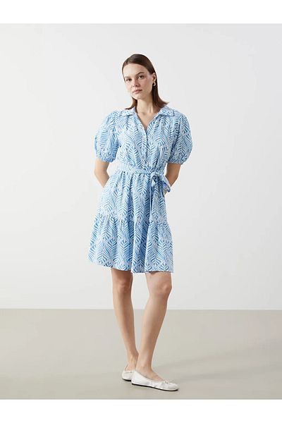 LC Waikiki Lcw Comfort Indigo Shirt Collar Print Women's Dress