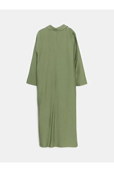 LC Waikiki LCW Grace Haki Gömlek Yaka Keten Görünümlü Kadın Elbise