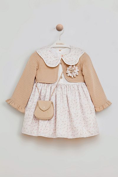 Bombili Floral Print Collar Detailed Dress and Bolero Combination Bag Baby Girl Set