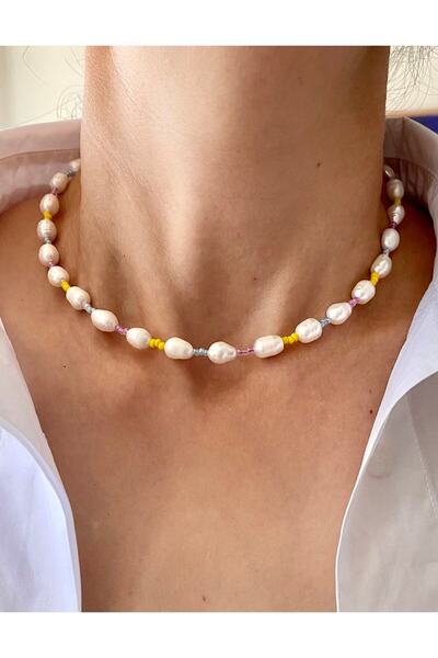 By Saadet Özkanlı Kadın Renkli Cam Boncuklu Arpa Inci Kolye Mavi, Pembe, Sarı