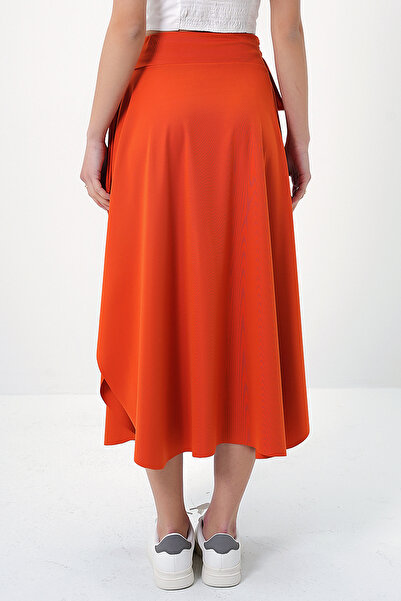 VAGGON Women's Orange Asymmetrical Cut Waist Tie Skirt Prmx5001