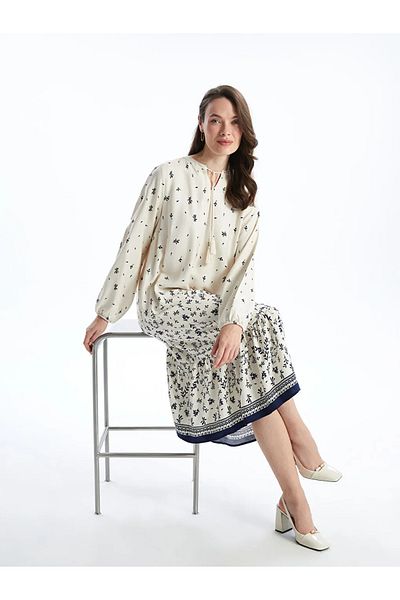 LC Waikiki Lcw Grace Ecru Lace-Up Collar Print Women's Dress