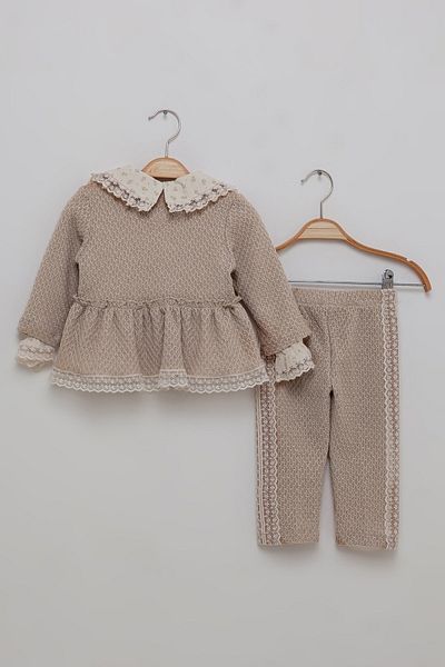 Bombili 3-Piece Baby Girl Set with Lace Collar, Elastic Waist, Jacket, Blouse, Pants Combination