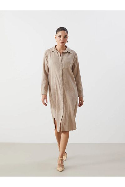 LC Waikiki Γυναικείο πουκάμισο φόρεμα LCWAIKIKI Classic Beige με υφή