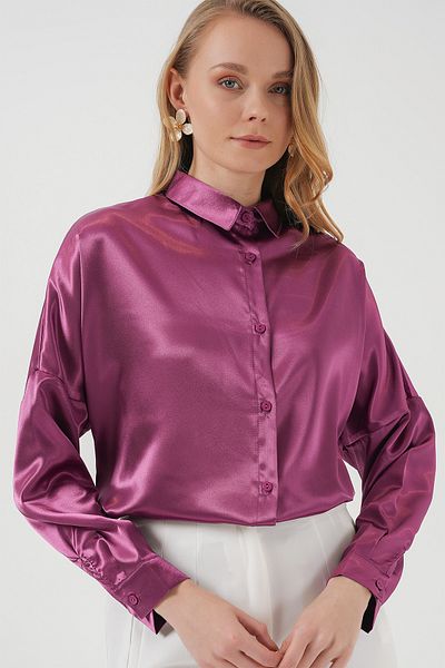 Bigdart Model 3985 - Cămașă oversize din satin de culoare liliac închis