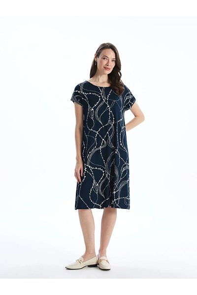LC Waikiki Lcw Grace Navy Blue Crew Neck Print Women's Dress
