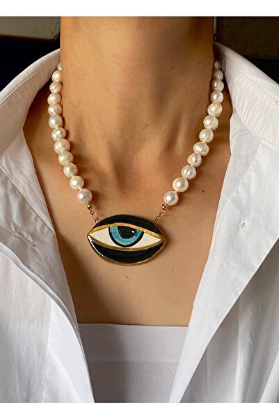 By Saadet Özkanlı Inci Kolye , Göz Kolye , ( Gerçek Inci Tatlısu Incisi ) El Yapımı Seramik Göz , Istiridye Incisi