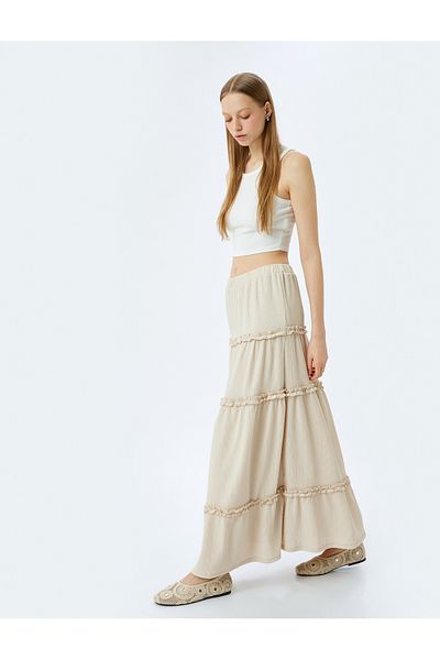 Koton High Waist Ruffled Midi Skirt with Elastic Waist Wrap