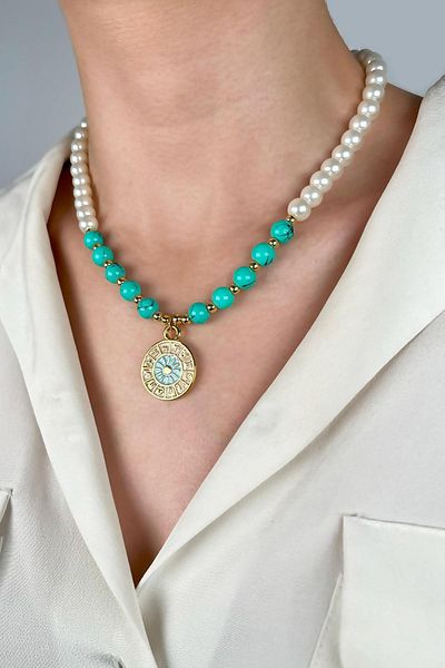 Sose Moda Zodiac Medallion End Pearl and Bead Necklace - Tutkuaz