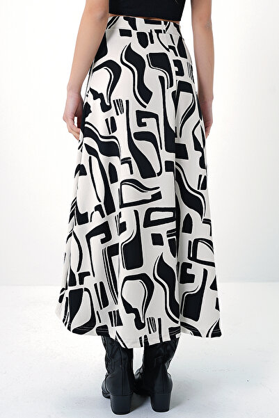 VAGGON Women's Black Tie-Dye Patterned Elastic Waist Comfortable Cut Skirt