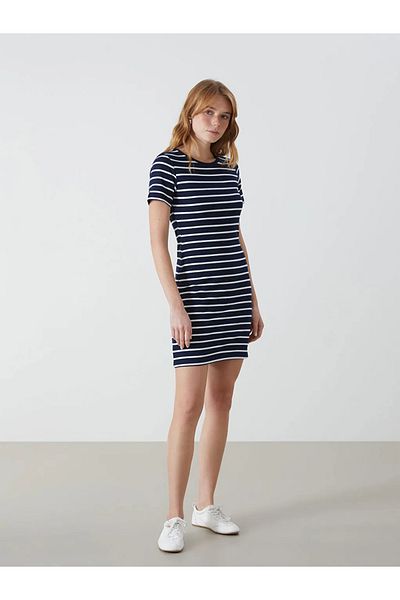 LC Waikiki Xside Navy Blue Crew Neck Striped Women's Dress
