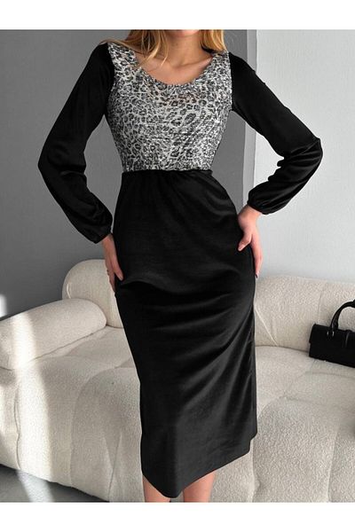 trend henna Modavera Women Opportunity Product Rochie din țesătură de catifea cu model leopard, paiete, brodate, lungime midi