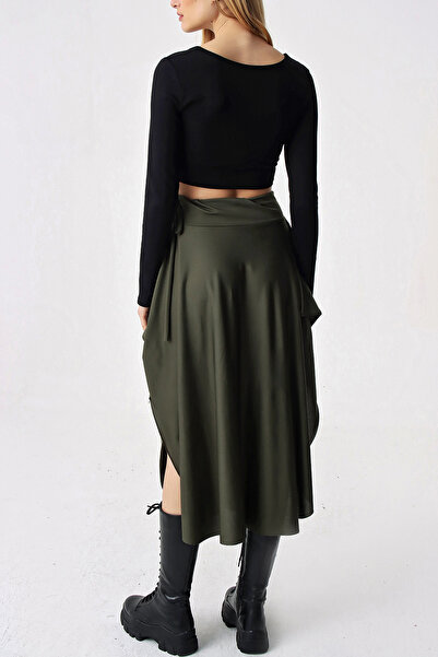 VAGGON Women's Khaki Asymmetrical Cut Waist Tie Skirt Prmx5001