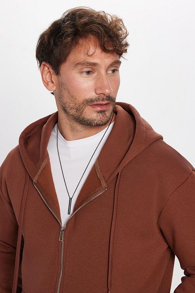 Tudors Unisex Relax Fit Relaxed Cut Βαμβακερό Fleece Εσωτερικό Διπλή Τσέπη Πλήρες φερμουάρ Καφέ Φούτερ με κουκούλα