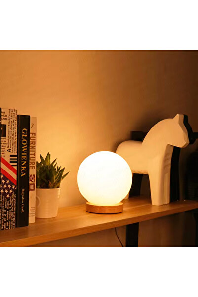 SimaAvize Küre Cam Gece Lambası Ahşap Taban Abajur