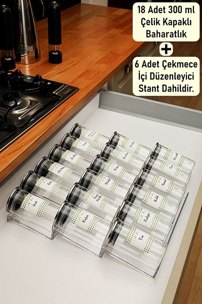 color house 300ml Borosilicate GLASS - Steel Lid, 18 Jars, 6 Plexi Stand with Stop