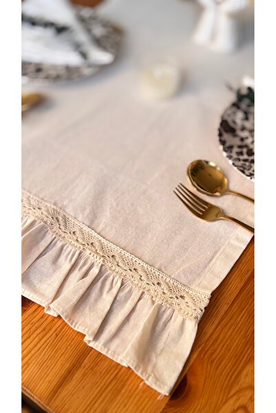 EVYA 100% Cotton Raw Linen Vintage Runner with Ruffles Cotton Lace 40X110 cm