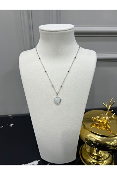 Store Gümüş Boncuklu Top Zincirli Beyaz Sedefli Kalp Kolye