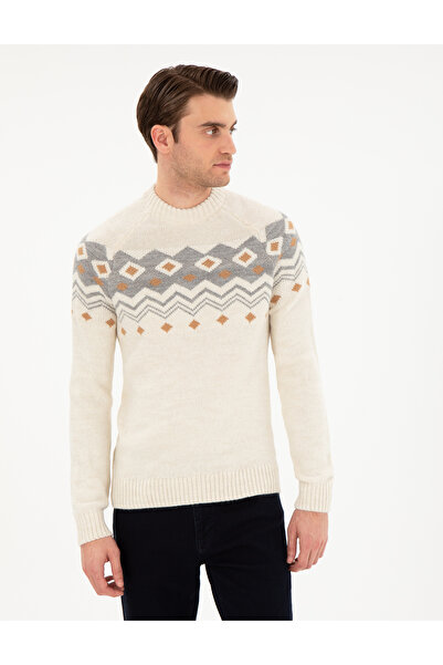 Pierre Cardin Ekru Slim Fit Çeyrek Yaka Triko Kazak 50296448-VR019