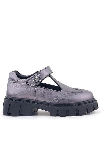 Rakerplus Pantofi de școală pentru fete din piele naturală Platinum Flower cu velcro