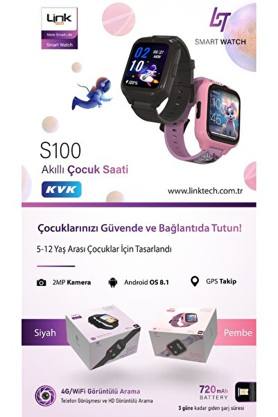 Linktech Akıllı Çocuk Saati LINK S100. 8GB.Hafıza 1 GB.RAM. 2MP kamera .GPS Takip. SIM 4G. wifi. Garanti KVK