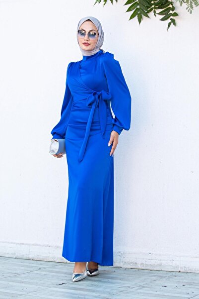 Tesettür Çarşım Nesy Kruvaze Robalı Saten Abiye-Sax