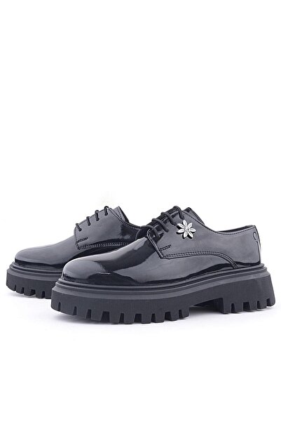 Rakerplus Чорні шкіряні черевики з шнурівкою та квітковим декором, модель Oxford для щоденного носіння