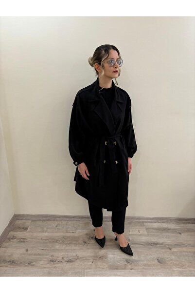DESEO BOUTIQUE Women's Black Color Standard Size Straight Trench Coat