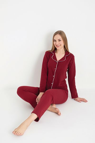 Sude HOMEWEAR Γυναικείο σετ πιτζάμες με μακρυμάνικο μπορντό κουμπιά
