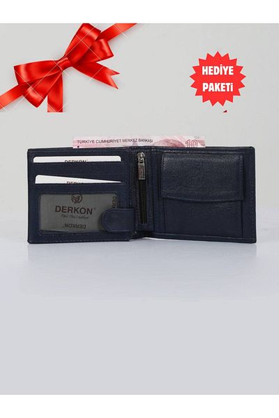 DERKON Navy Blue Genuine Leather Coin Purse - with Useful Chamber