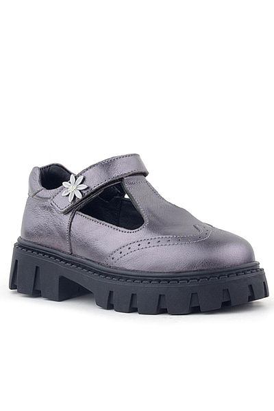 Rakerplus Pantofi de școală pentru fete din piele naturală Platinum Flower cu velcro