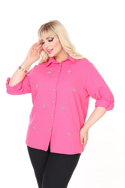 JESSE STORY Cămașă de mărime mare pentru femei, din in, fucsia, cu design de piatră