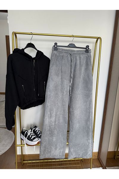 Quzu Wide-Leg Velvet Fabric Elastic Waist Trousers