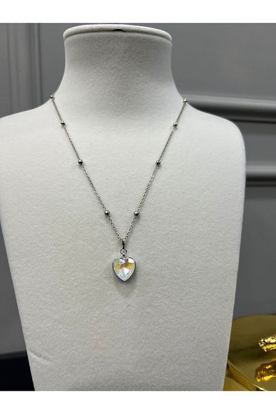 Store Glittering Crystal Stone Steel Heart Necklace with Bead Chain