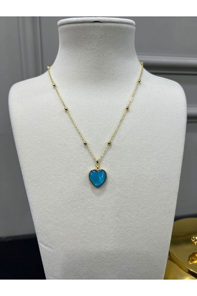 Store Steel Gold Necklace with Blue Heart Pendant Ball Chain