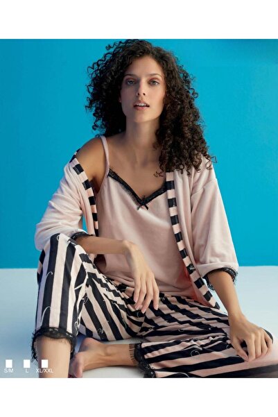 İpek Women's Velvet Triple Dressing Gown Pajama Set