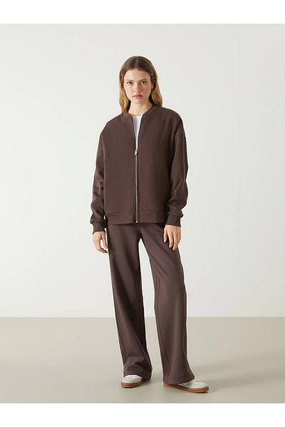 LC Waikiki Γυναικείο φούτερ με φερμουάρ LCW Vision Brown College Collar Oversize