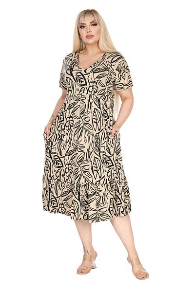 MELSAY Women's Plus Size V-Neck Short Sleeve Beige Leaf Pattern Robe Dress