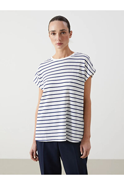 LC Waikiki LCWAIKIKI Classic Lacivert Bisiklet Yaka Çizgili Kadın Tişört