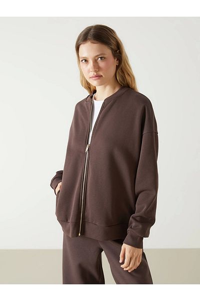 LC Waikiki Γυναικείο φούτερ με φερμουάρ LCW Vision Brown College Collar Oversize