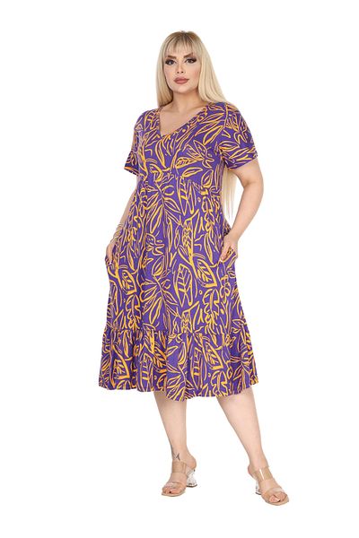 MELSAY Women's Plus Size V-Neck Short Sleeve Purple Leaf Pattern Robe Dress