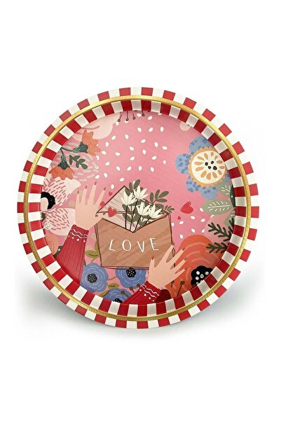 Hesaplı Kasa Love Patterned Round Metal Serving Tray 31.5 cm