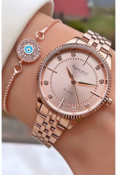 Ferrucci ساعة يد نسائية بحبل فولاذي بلون ذهبي وردي ماركة Ferruci - هدية سوار