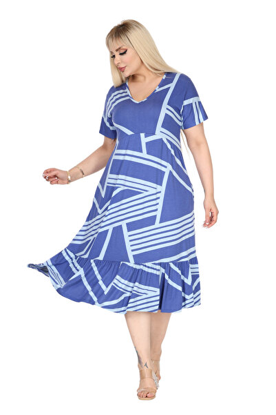 MELSAY Γυναικείο φόρεμα με κοντό μανίκι με λαιμόκοψη σε μεγάλο μέγεθος με μπλε ριγέ μοτίβο