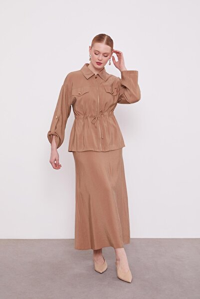 Levidor Camel Waist Gather Detail Skirt Suit